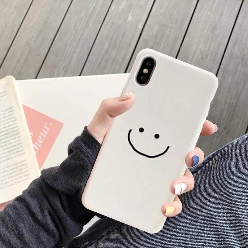 Fashion Simple Smile Face Couple Case for iPhone 14 Pro 13 XS MAX XR X SE2 7 11 12 14Plus Black White Soft Silicone Phone Cover - getallfun